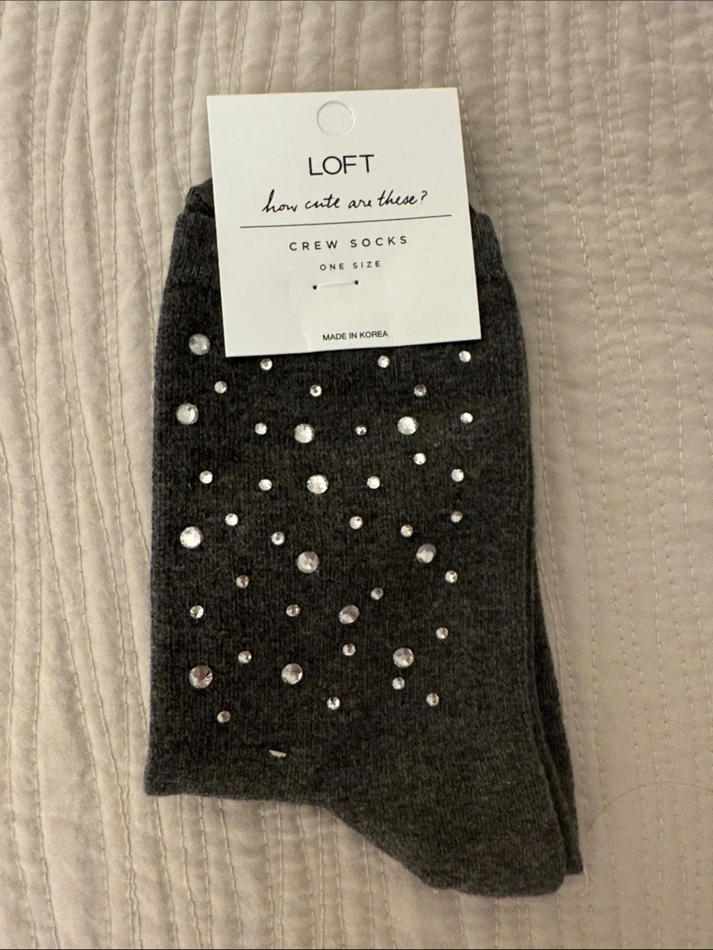 LOFT Dark Gray Crew Socks with Sparkling Rhinestones